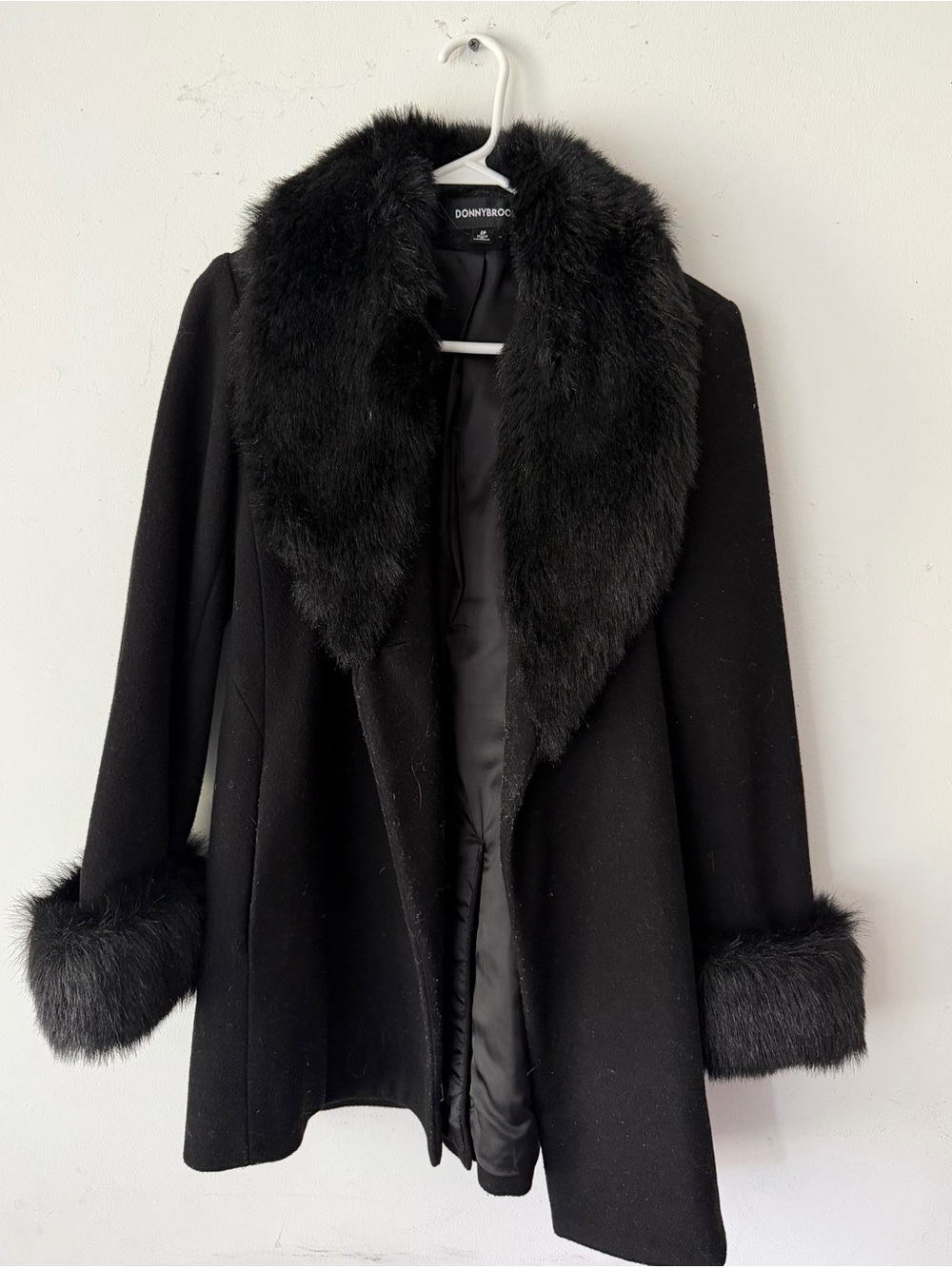 Donnybrook Black Faux Fur-Trim Wool Blend Pea Coat